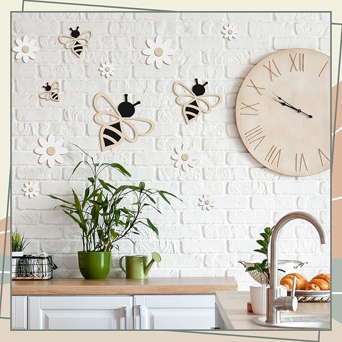 12 Pieces Wooden Bee Decor Farmhouse Honey Bee Daisy Wall Art Hanging Floral Wall Sign for Nursery Indoor Outdoor Garden Yard Kitchen