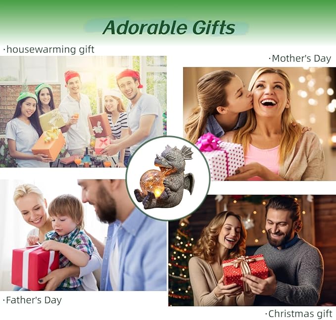 Solar Dragon Outdoor Statue Cute Baby Dragon Holding Glowing Glass Orb Resin Garden Decoration for Porch Patio Lawn Yard Perfect Housewarming Gift