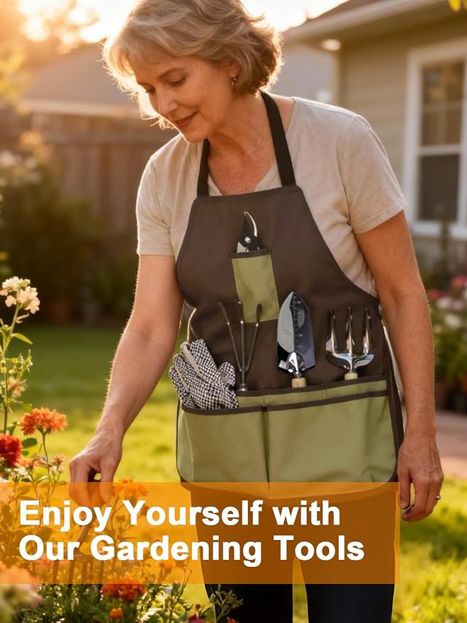 Gardening Tools Set 11 PCS, Heavy Duty Stainless Steel Garden Tool Kit with Large Garden Tote Bag & Apron, Durable, Ergonomic Hand Tool, Ideal Gardening Gift for Women, Men, Mom, Dad
