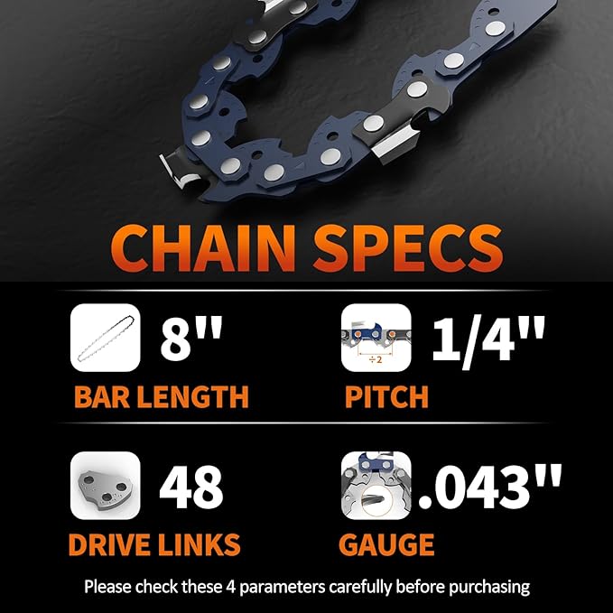 3Pcs 8 Inch Mini Chainsaw Chain, 1/4" LP Pitch .043" Gauge 48 Drive Links, Replacement Chains for Portable Mini Chainsaw, Guide Saw Chain for Chainsaws (8"-48DL-1/4"LP .043"-3pcs)