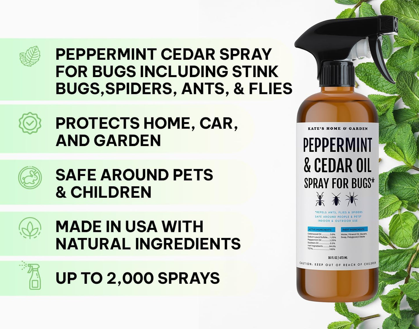 Kate's Home & Garden Peppermint Oil Spray for Bugs, Ants, Insects, Spiders. Pesticide and Insecticide Indoor Repellent Pest Control with Cedarwood Oil (16oz, Natural, Pet Safe, Non Toxic)