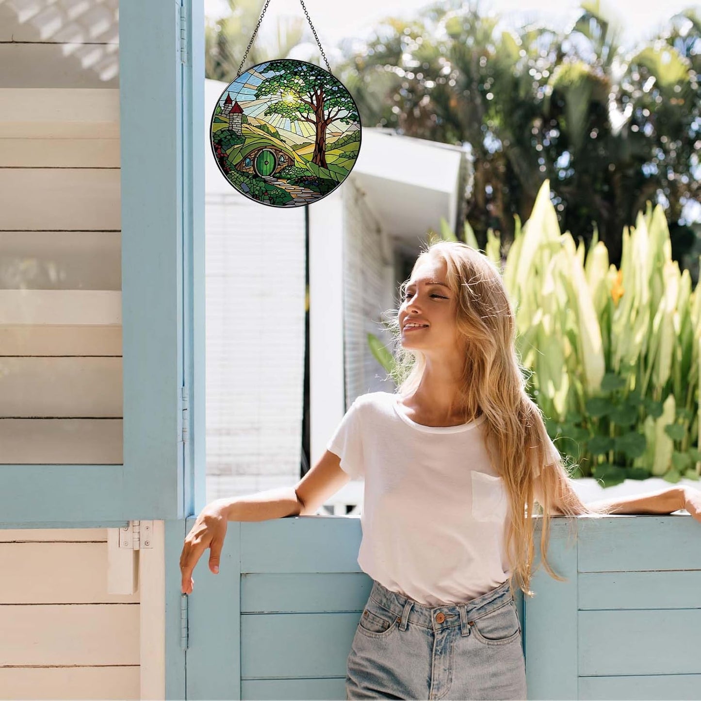 Shire Sun Catcher Stained Glass Window Hanging Gifts for Countryside Lover Women Scenery Wall Decor Handmade Sun Catcher Decoration for Home Garden Housewarming Gifts