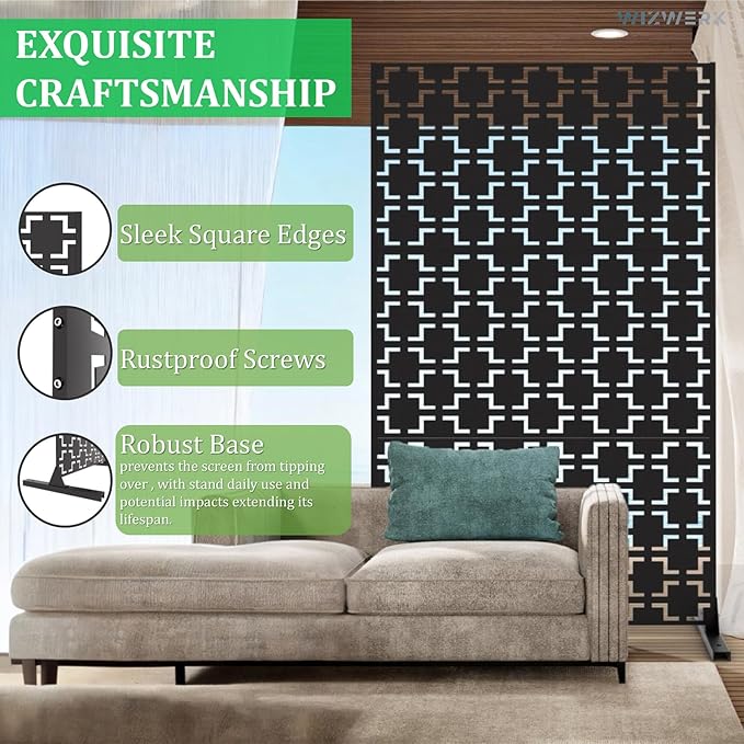 6FT Outdoor Metal Privacy Screen – Decorative Privacy Fence and Room/Garden Divider, Weather-Resistant Freestanding Panel with Stand, Durable Steel for Patio, Garden, Balcony, or Backyard