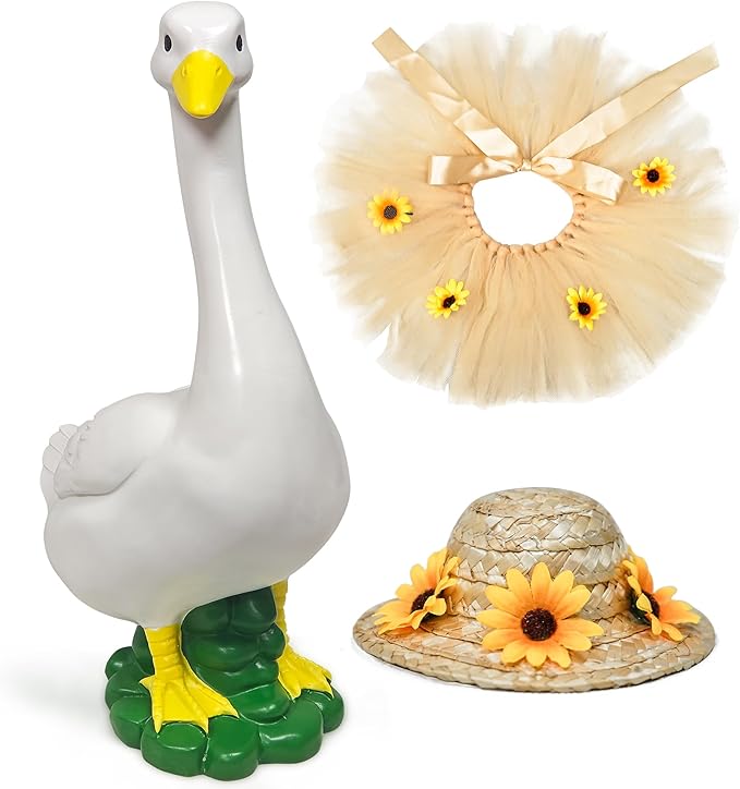 Goose Statue with Summer Sunflower Outfit Set - 20″ Goose Birthday Decor, Funny Ducks Yard Garden Outdoor Decor, Resin Animal Sculptural Patio Yard Ornament, Gifts for Women/Grandma