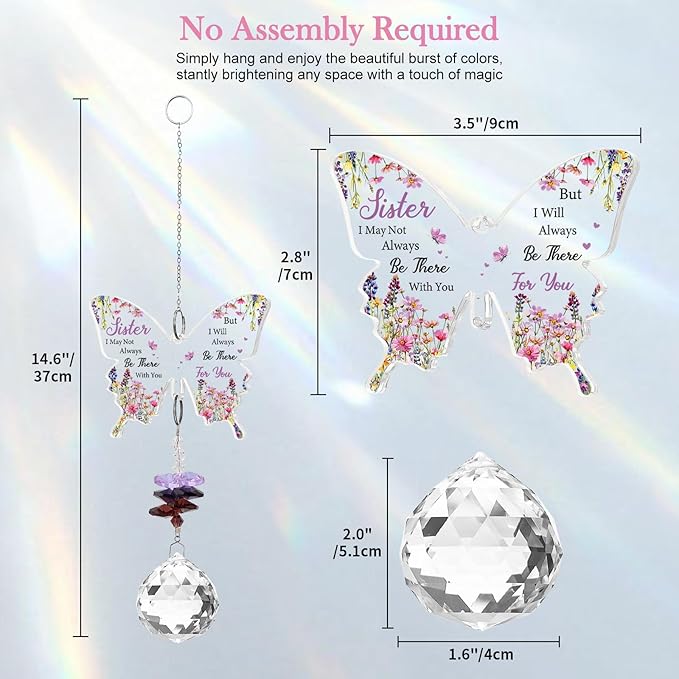 Sister Gifts, Valentines Day Gifts for Sister, Gifts for Sister Crystal Suncatcher, Mother's Day Birthday for Sister, to My Sister Gifts Hanging Butterfly Crystal Suncatcher Ornament