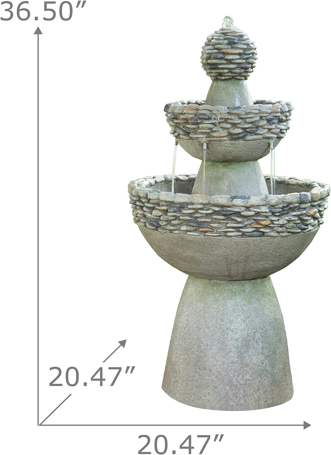 Teamson Home 36.5 in. Outdoor 3-Tier Zen-Style Pedestal Water Fountain in. with Stone Trim with Pump and 2.64 Gallon Capacity, Stone Gray
