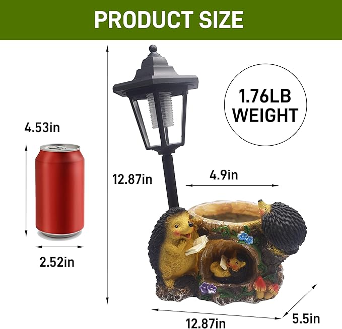 Outdoor Hedgehogs Statues Solar Sculptures with Solar Lights and Flowerpot Funny Garden Decor Animal Figurines Resin Outdoor Statues for Patio Yard Lawn Balcony Gifts