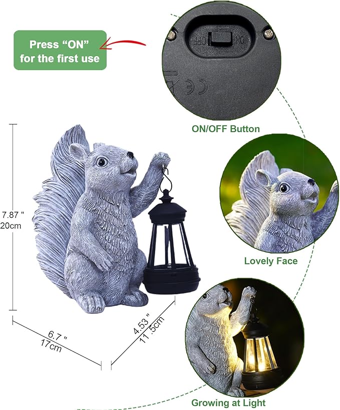 Solar Squirrel Statues for Garden Decor: Outdoor Figurines Sculpture with Lantern for Yard Art Lawn Patio Balcony - Gifts for Mom Grandma