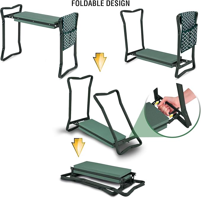 Garden Kneeler And Stool - Foldable Garden Seat For Storage - EVA Foam - Heavy Duty and Lightweight Gardening Yard Tools - Great for Gardening Gifts for Women - Bench Comes With Tool Pouch and Gloves