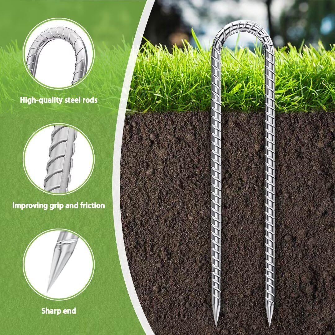 Ground-Stakes-Heavy-Duty-12-Inch, J Hook Rebar Stakes Galvanized Anti-Rust 16pcs Metal Stakes for Ground Heavy Duty Ground Anchors for Garden Dog Fence Chicken Coop Deer Fence