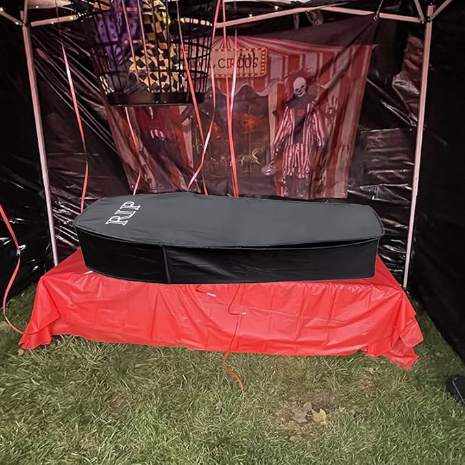 Halloween Pop Up Coffin with Lid, 60 inch Coffin Prop life size Collapsible, Scary Fake Coffin Prop Really Size for Graveyard, Halloween Cemetery decorations Outdoor, Lawn, Party, Haunted House