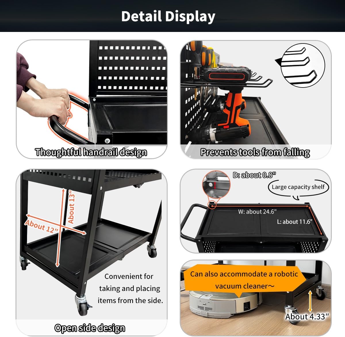 Lumizone Rolling Tool Cart with Wheels and Pegboard Hooks Folding Utility Service Cart for Garage Organizer Storage Foldable Power Tool Organization on Wheels Heavy Duty Frame (Tool Cart+Hooks)