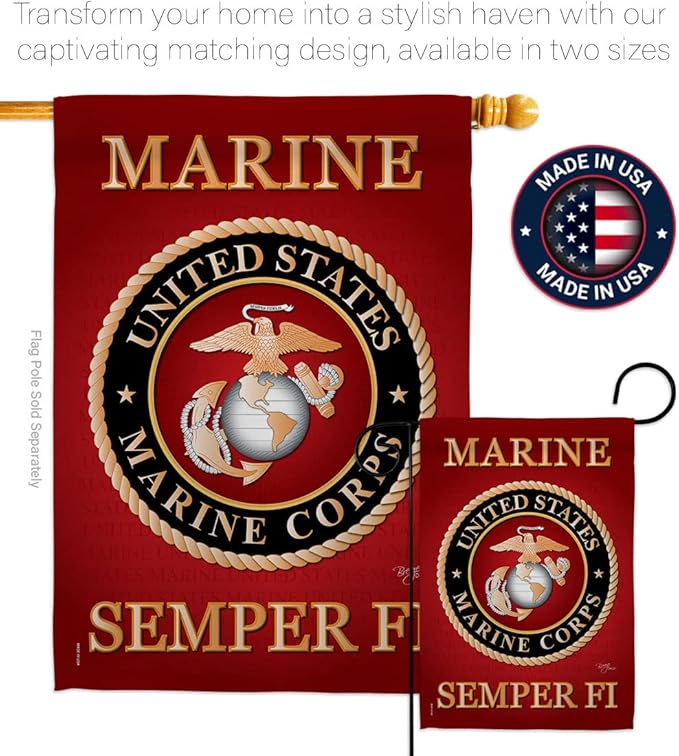 Marine Corps Garden House Flag - Set Armed Forces USMC Semper Fi United State American Military Veteran Retire Official - Decoration Banner Small Yard Gift Double-Sided Made In USA 28 X 40