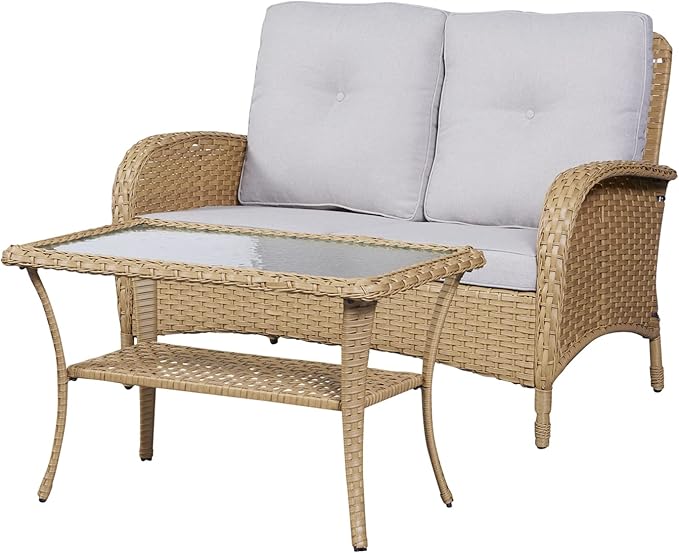HUMMUH 4-Piece Patio Furniture Wicker Outdoor Conversation Set,All-Weather Rattan Outdoor Bistro Set with Loveseat Chairs Coffee Table for Backyard,Poolside,Deck