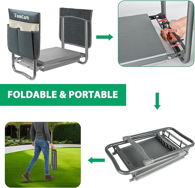 TomCare Garden Kneeler and Seat 10.64” Wider Larger Soft Kneeling Pad Garden Bench with 2 Large Tool Pouches Heavy Duty Garden Stool Foldable Tools Gardening Gifts for Women Men Gardeners,Grey