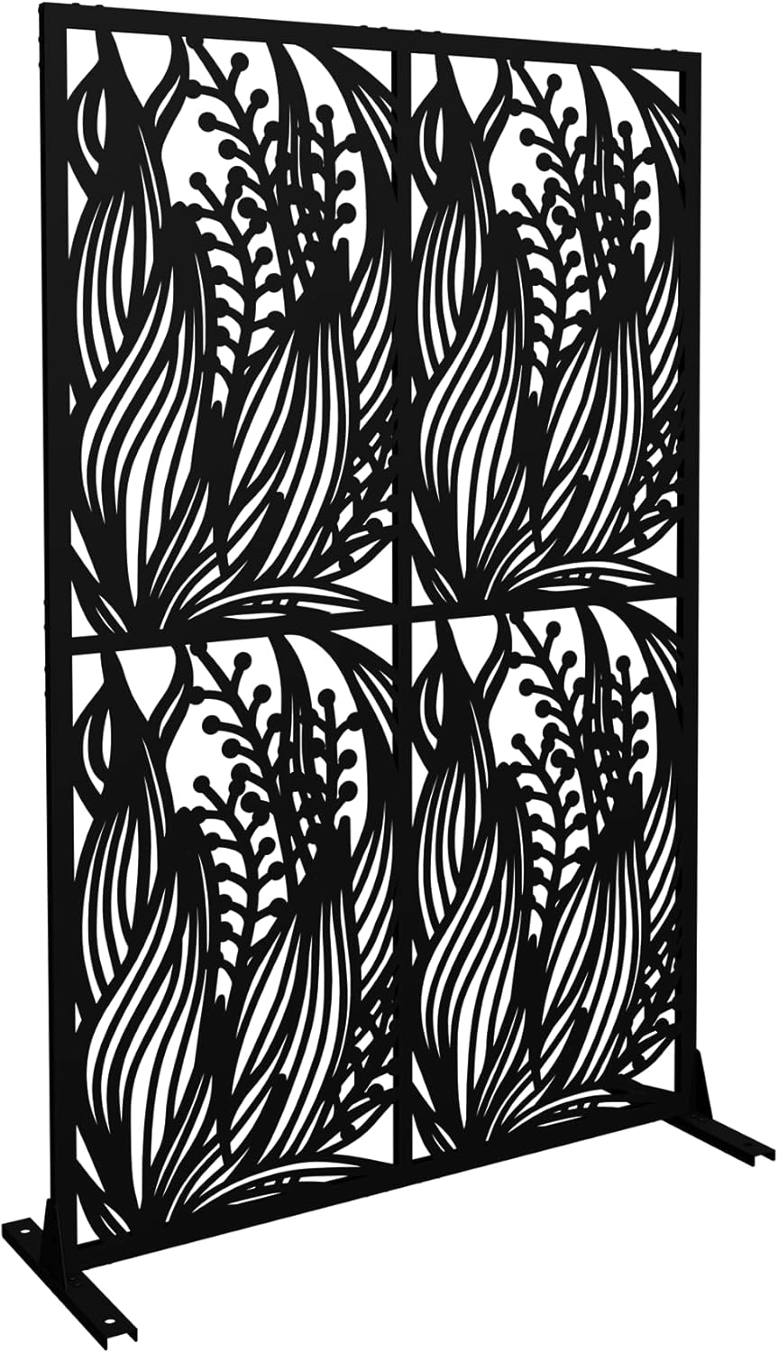 Metal Privacy Screens 72" H Outdoor and Indoor Leaf Pattern Room Divider Privacy Screens Panels for Living Room Balcony Patio Garden (Black