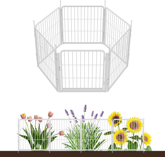 Garden Fence with Gate 24 in(H) x 11.1 ft(L) 6 Panels, Heavy Duty Metal Animal Barrier for Dog and Rabbit, Outdoor Fencing, Easy Set Up, White