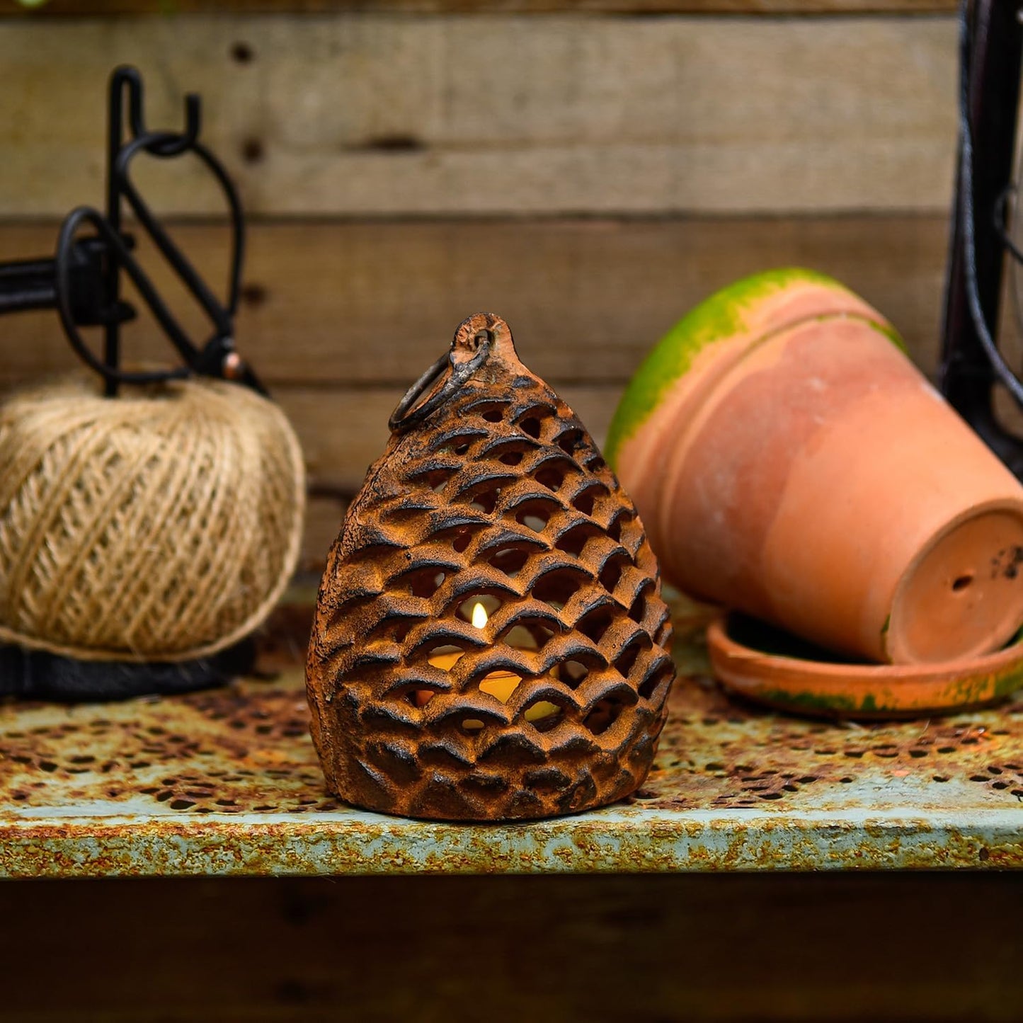 Sungmor Cast Iron Pinecone Candle Holder - Tabletop Decorative Tealight Lantern, Rustic Style Hanging Home Garden Decor, Vintage Stand for Votive or Flameless Candles