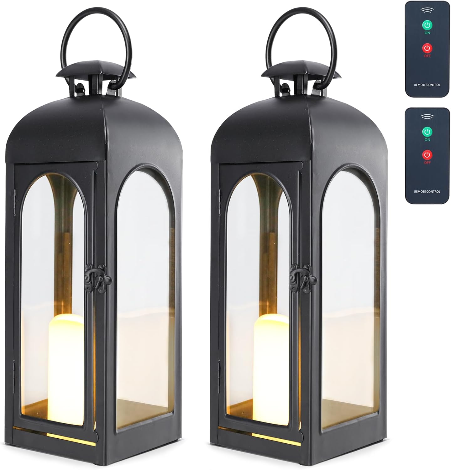 Bdor 2 Pack 20 Inches Metal and Tempered Glass Decorative Lantern with Electronic Wax Effect - Indoor/Outdoor Decorative Lighting, Handcrafted Aesthetic, Perfect for Home, Parties, and Holiday Decor
