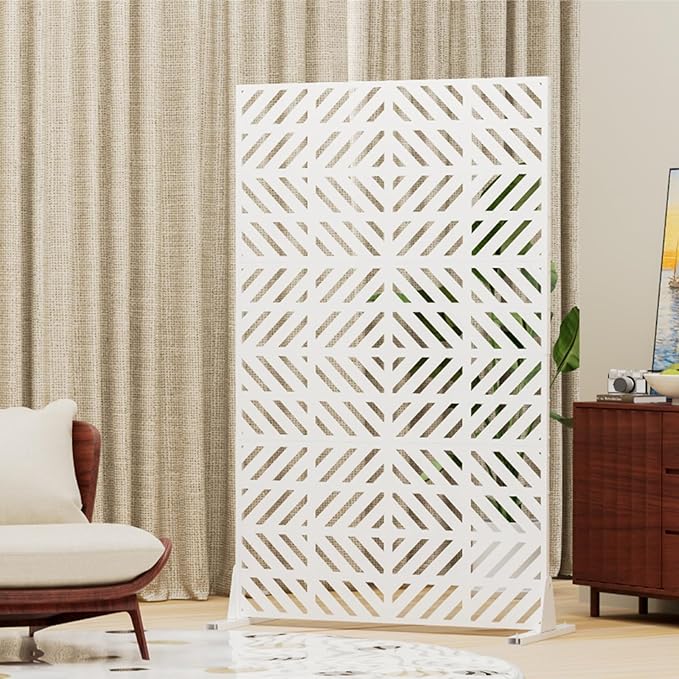 Metal Privacy Screen for Outdoor Freestanding Privacy Screens, 72" H x 44" W White Fence Panels with Stand, Patio Metal Screens for Outside Outdoor Divider Deck Balcony Garden and Indoor