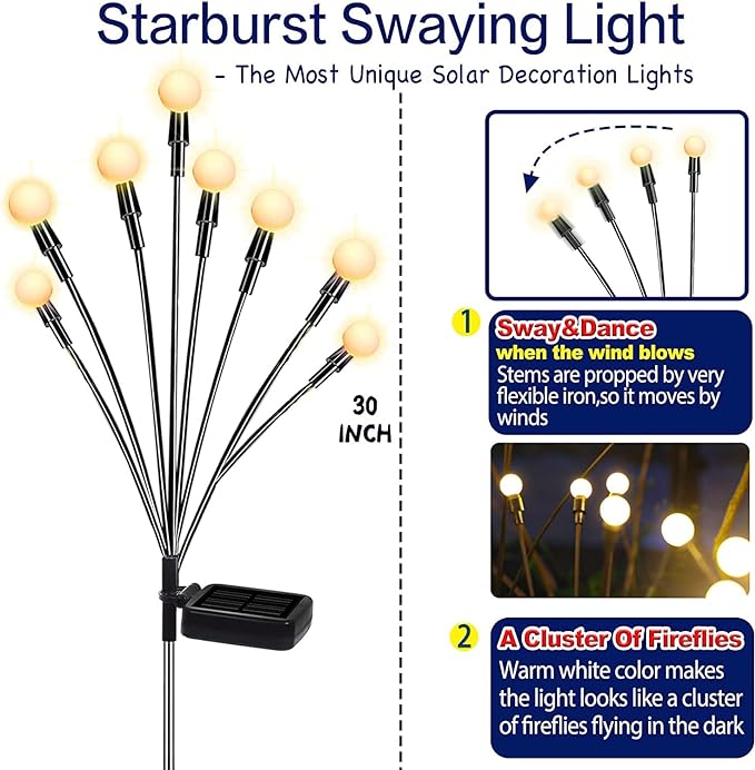 TONULAX Solar Garden Lights - New Upgraded Solar Swaying Light, Sway by Wind, Solar Outdoor Lights, Yard Patio Pathway Decoration, High Flexibility Iron Wire & Heavy Bulb Base, Warm White(2 Pack)
