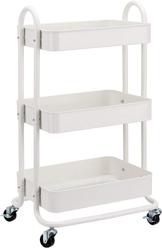 Amazon Basics 3-Tier Rolling Utility or Kitchen Cart, Lockable Wheels, Multifunctional Storage, White