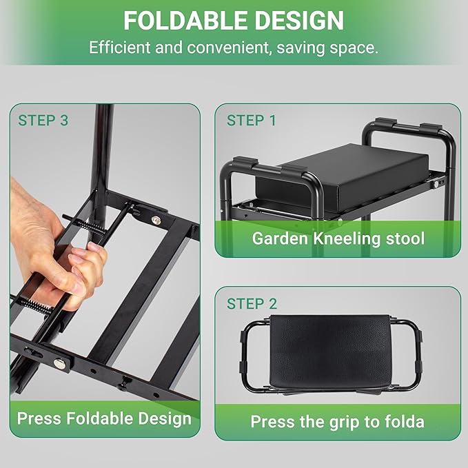 Walensee Garden Kneeler and Seat – Foldable Heavy Duty Garden Stool with Soft Leather Kneeling Pad, Removable Tool Pouch, Sturdy Steel Frame, No Assembly, Ideal Gardening Gift for Women & Men