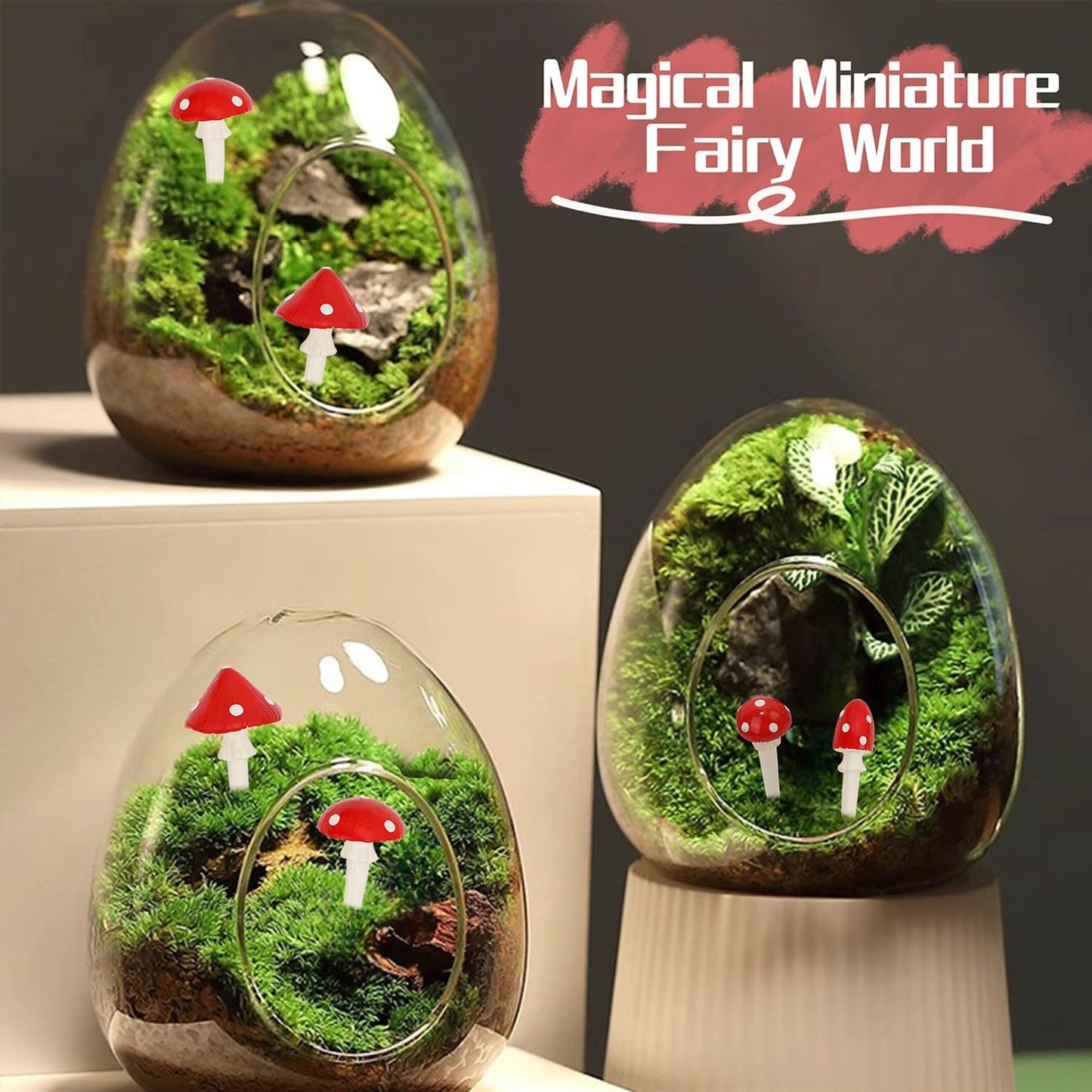 Juegoal Set of 6 Fairy Garden Miniature Mushrooms Statues, Glow in Dark Mini Red Mushroom Resin Figurines, Outdoor Garden Yard Art Accessories, Fly Agarics Sculpture Lawn Ornament Decorations