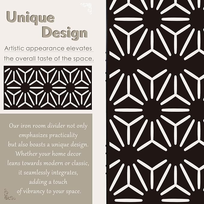 Kozyard Metal Privacy Screen 74" H x 47.2" W Decorative Outdoor Divider with Stand Panels Freestanding Screen Set for Deck Patio Balcony Garden Outdoor&Indoor(Black/Hexagonal Star)