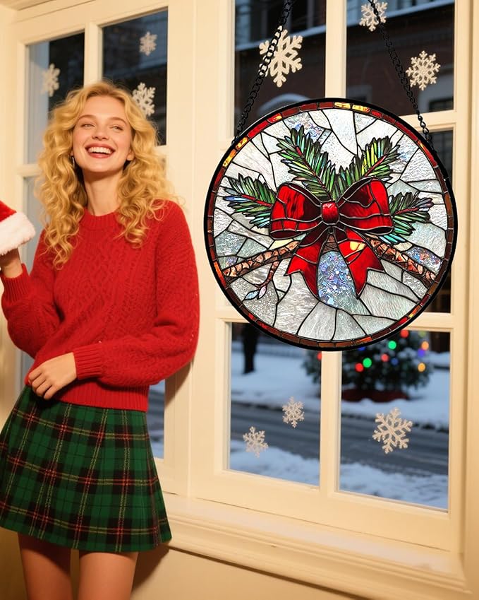 Stained Glass Window Hanging - Pine Branches Red Bow Suncatcher for Doors Home Christmas Decoration Silver Sun Catcher Thanksgiving New Year Birthday Gifts for Women Men Mom Nana 7.8 in