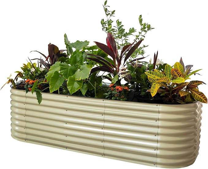 Vego garden 26" Extra Tall Raised Garden Bed Kits, 10 in 1 Modular Raised Planter Box for Vegetables Flowers Fruits Oval Metal Raised Garden Pearl White
