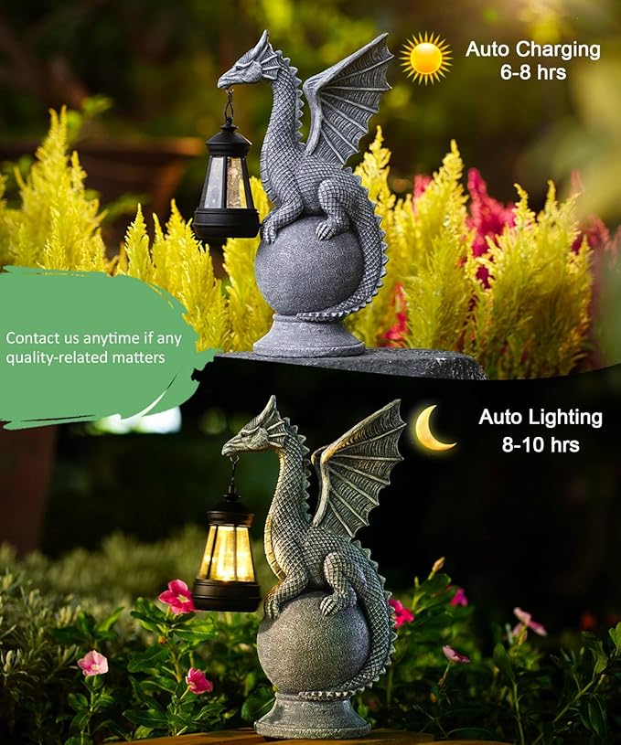 Solar Dragon Garden Statue for Outdoor Decor: Outside Sculpture Ornament for Yard Lawn Balcony Patio Porch- Unique Birthday Gift for Lover Mom Women Grandma