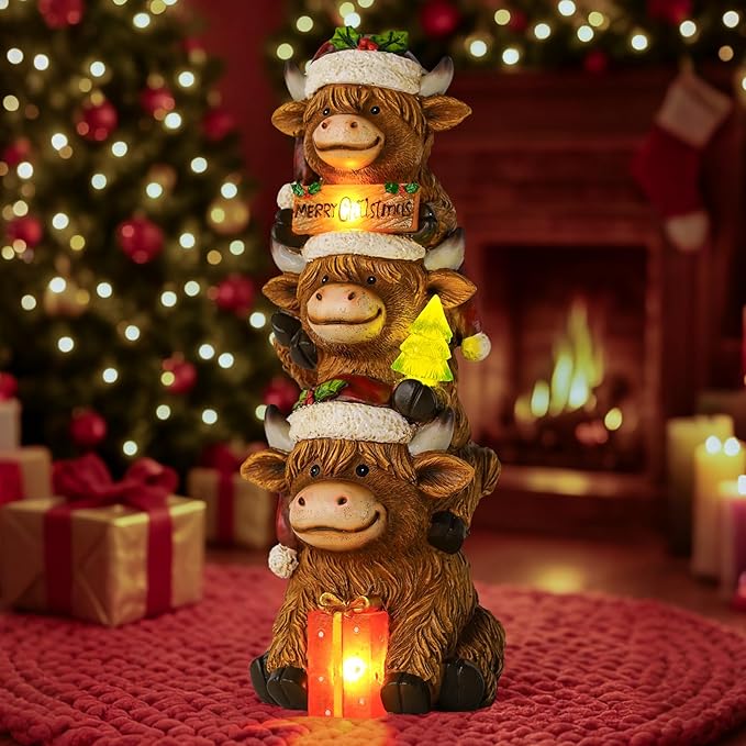 Christmas Highland Cow Decor with Solar Light Triple Highland Cow Christmas Decorations Gifts for Women Mom Funny Highland Cows Garden Statues for Garden Patio Lawn Yard Decor