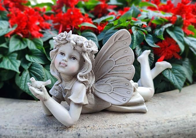 MeritMode Fairy Flower Garden Outdoor Statue - Angel Holding Bird and Butterfly, 11" Width, Cherub Decor and Grandma Gifts, Patio and Yard