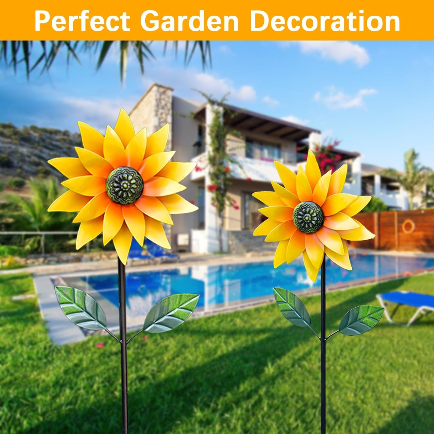 Sunflower Wind Spinner Outdoor, Metal Wind Sculptures with Stake, Outdoor Windmill Flower Pinwheels Decorations for Yard Garden Lawn Patio Decor 46 * 10 inchs
