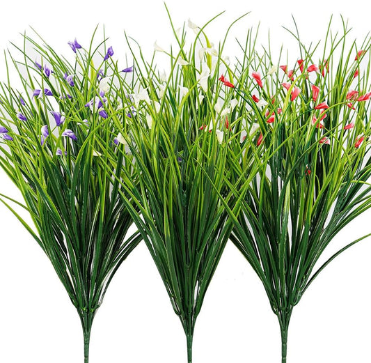 Melorca&Guilla Artificial Plants Outdoor 6PCS 23“ Fake Tall Grass,Fake Outdoor Plants,Faux Plants with Flowers for Garden Porch Window Box Shop Office Home Décor