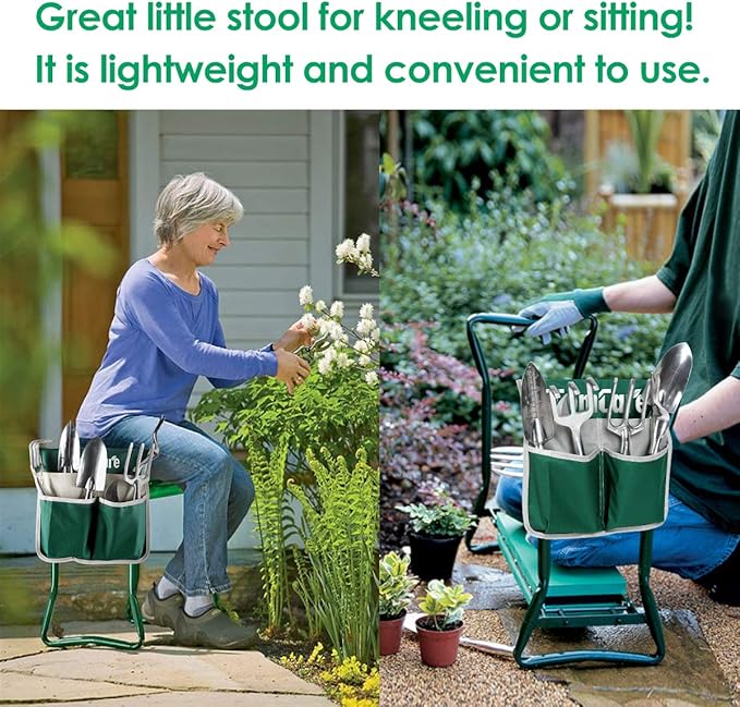 TomCare Upgraded Garden Kneeler Seat Widen Soft Kneeling Pad Garden Stools Garden Bench with 2 Large Tool Pouches Outdoor Foldable Gardening Gifts for Women Men Gardeners, Green