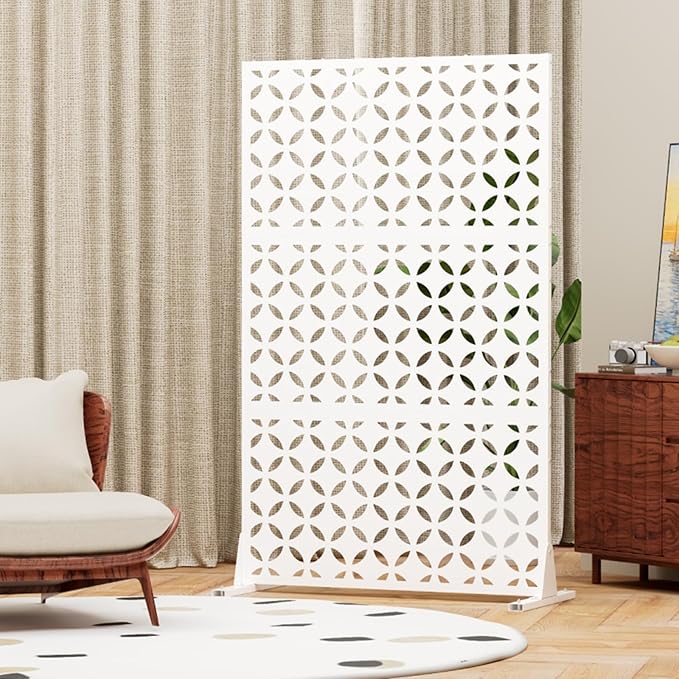 Metal Privacy Screen for Outdoor Freestanding Privacy Screens, 72" H x 44" W White Metal Fence Panels with Stand, Patio Divider Screens for Outside Deck Balcony Garden and Indoor