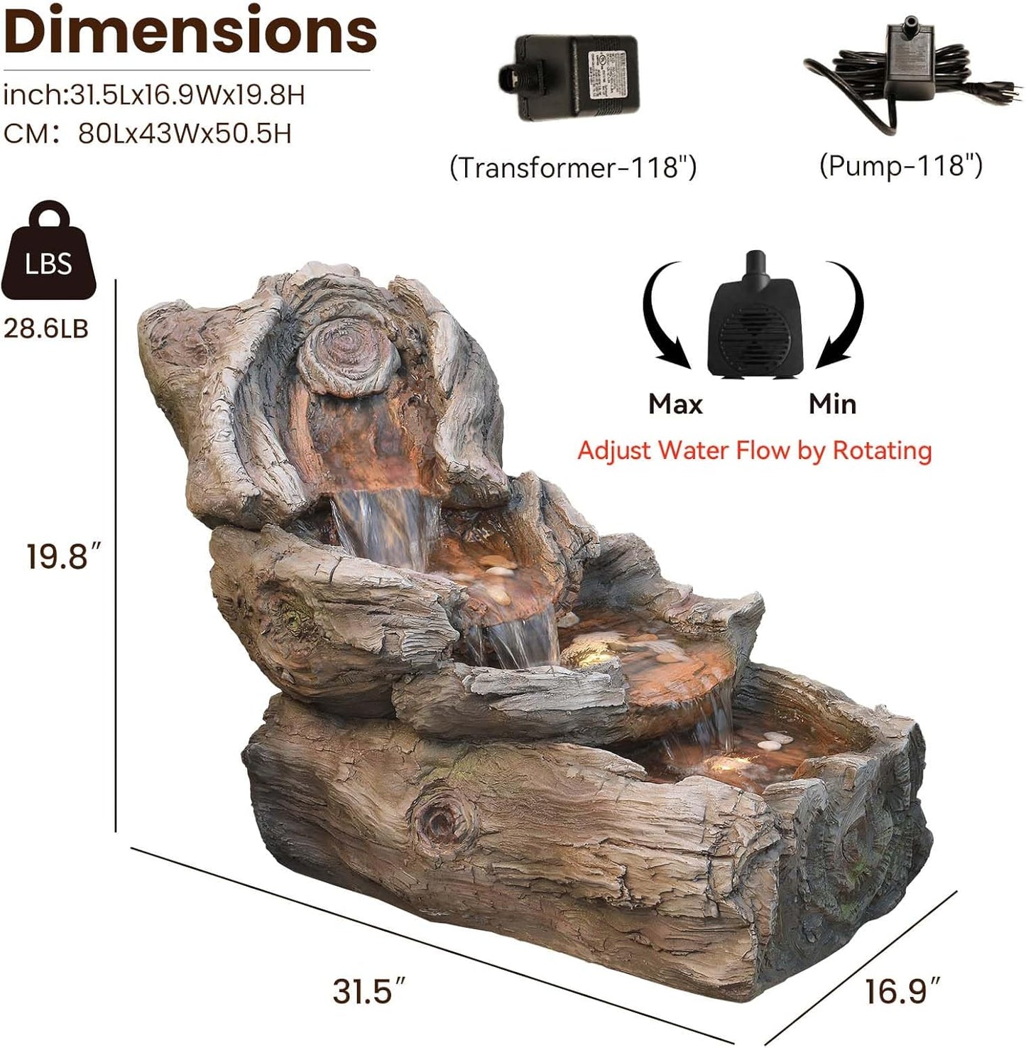 31.5" L Garden Water Fountain Outdoor, Artifical Imitation Wood Outdoor Water Fountain Natural Waterfall with LED Lights for Patio,Porch,Backyard,Home Art Decor（Resin）