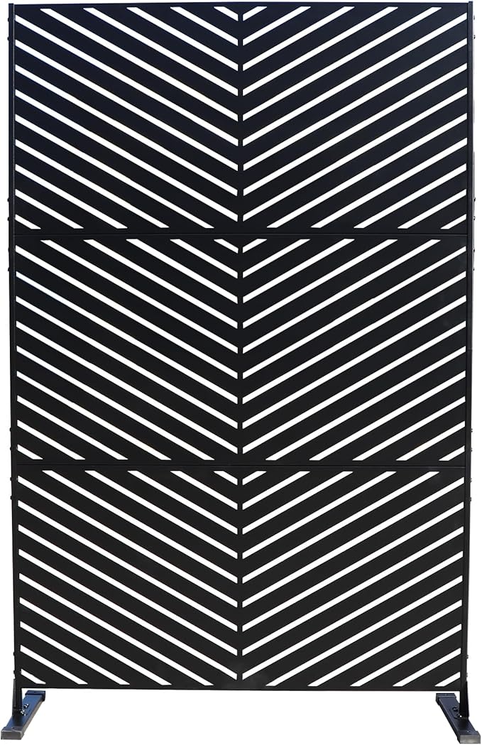 Kozyard Metal Privacy Screen 74" H x 47.2" W Decorative Outdoor Divider with Stand Panels Freestanding Screen Set for Deck Patio Balcony Garden Outdoor&Indoor(Black/Chevron)
