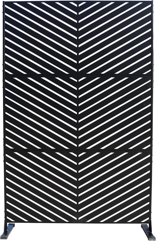 Kozyard Metal Privacy Screen 74" H x 47.2" W Decorative Outdoor Divider with Stand Panels Freestanding Screen Set for Deck Patio Balcony Garden Outdoor&Indoor(Black/Chevron)