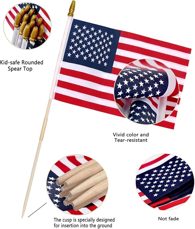 Pack of 100 American Flags with wood Stick, 12x18 Inch American Flags for outside, US Flags/American Hand Held Stick Flags with Kid-Safe Spear Top, Perfect for Patriotic Decorations, Parades, Veteran Party,4th of July decorations