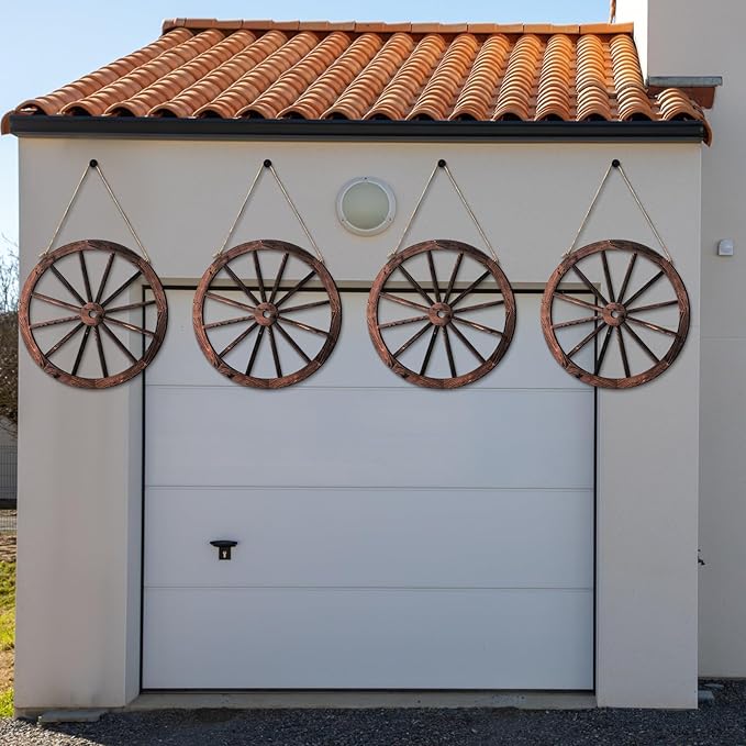 Qunclay 4 Pcs Wooden Wagon Wheel Wall Decor Old Western Wood Boho Wall Art Farmhouse Boho Wagon Wheels Rustic Yard Decor Wood Hanging Decorations for Garden Home Bar Garage (17.7 Inch)