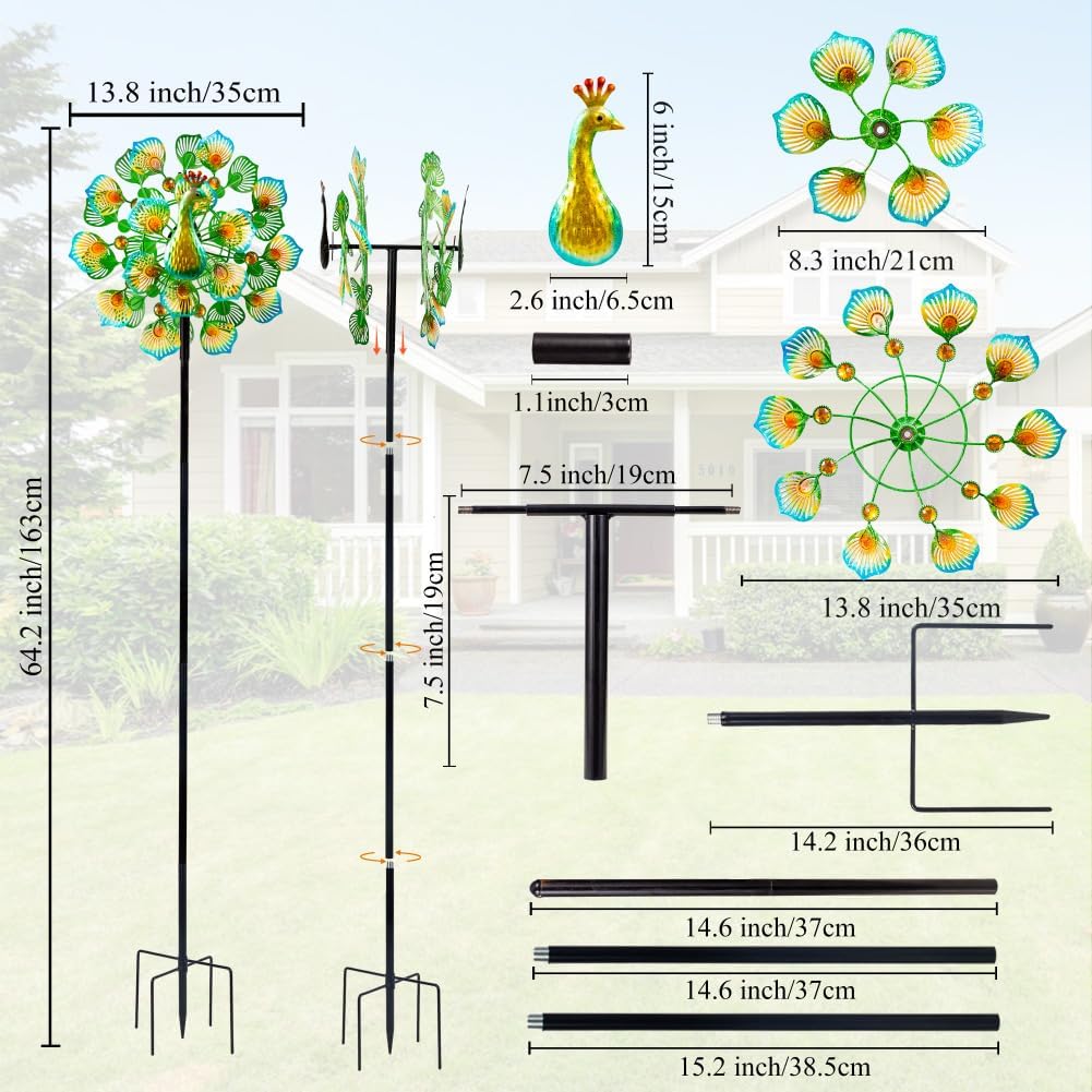 Peacock Wind Spinners Outdoor,13” Metal Wind Spinner Garden Pinwheels,360°Peacock Wind Sculptures & Spinners,Kinetic Wind Spinners for Yard and Garden(13.8”W X 64.2”H)