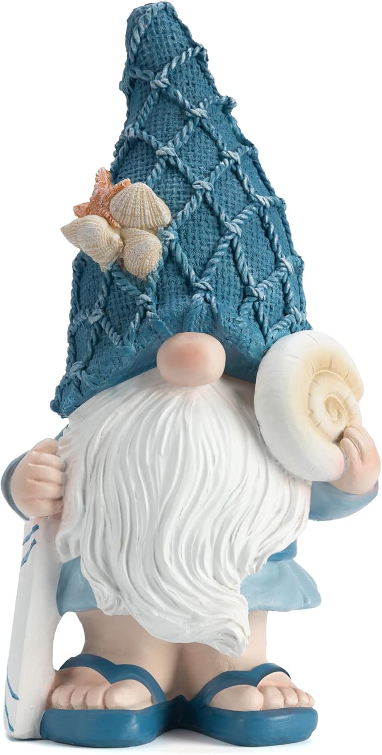 Garden Sea Gnome Statue Decoration Indoor Outdoor Resin Beach Gnome Sculpture for Home Office Desktop Bathroom, Summer Pool Decoration Outdoor Gifts (Surfboard)