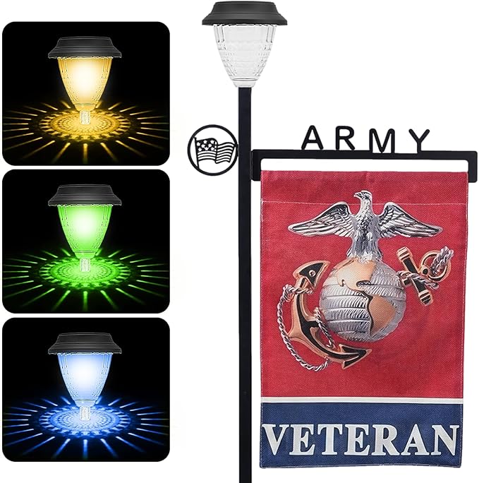 Army Garden Flag Stand Holder with Solar Light Garden Flag Pole with American Flag Gifts Lawn Yard Flag Holder Stake for Flag Outdoor Lawn Décor