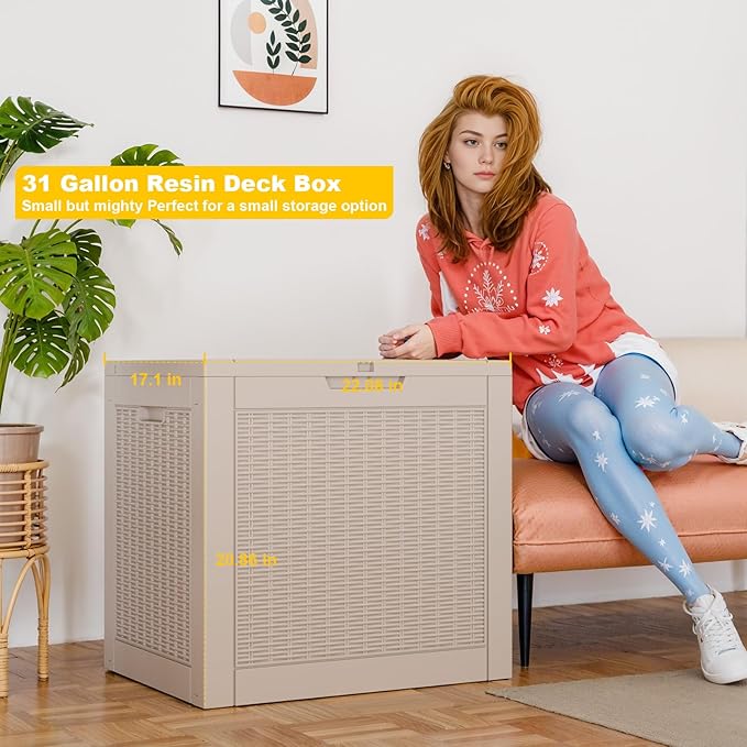 DRATO 31 Gallon Deck Box, Outdoor Storage Box for Patio Cushion, Garden Tools, Waterproof Resin Storage Box (Light Brown)