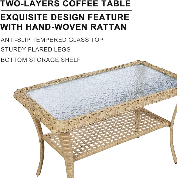 HUMMUH 4-Piece Patio Furniture Wicker Outdoor Conversation Set,All-Weather Rattan Outdoor Bistro Set with Loveseat Chairs Coffee Table for Backyard,Poolside,Deck