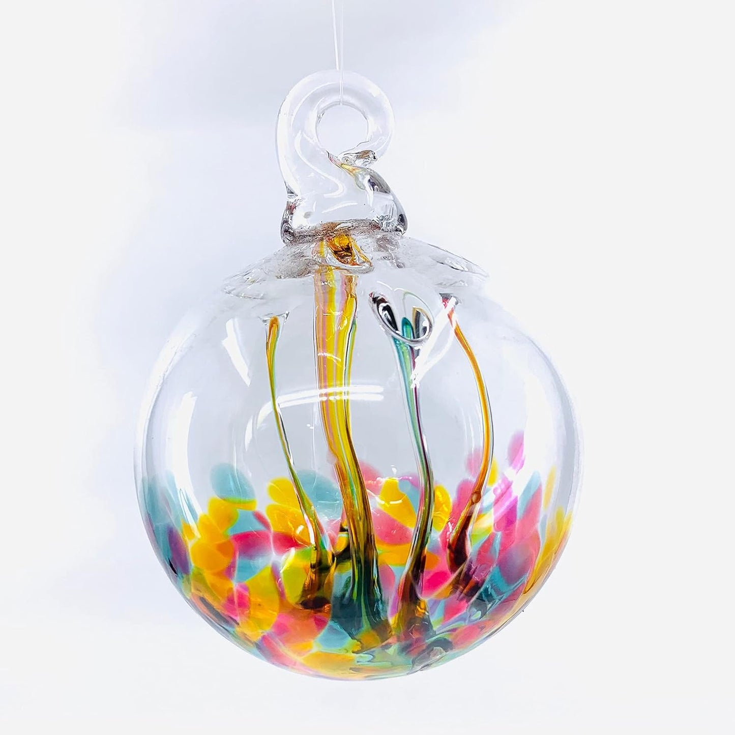 Luke Adams Glass | 3" Mini Glass Tree of Life | Handmade Ornament | Hanging Garden Gazing Ball | Indoor Outdoor Home Décor | (Pink Amber Teal)