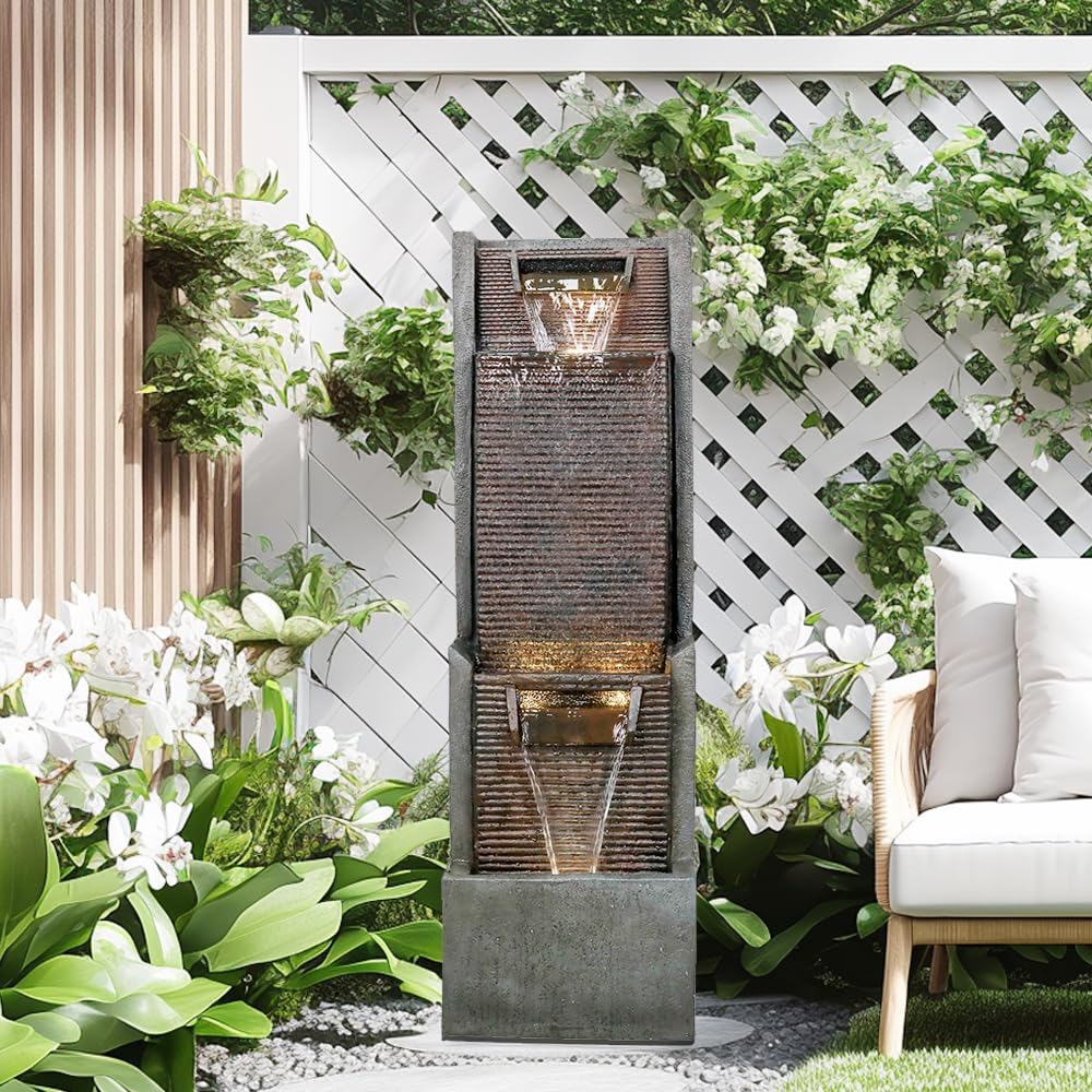 Outdoor Garden Waterfalls Fountains with Led Lights Water Fountain Outdoor/Indoor Resin Fountain for Patio Decor Garden, House, Office, Garden, Home Art Decor